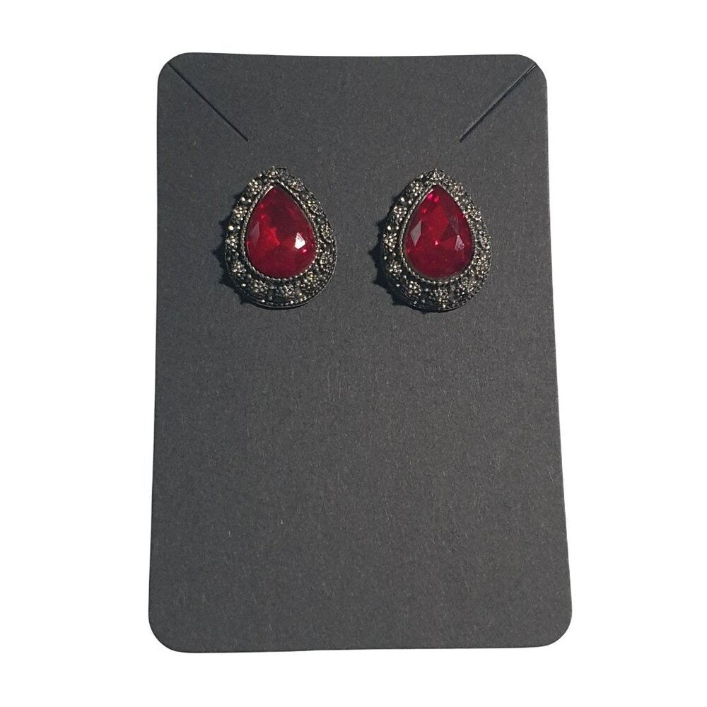 Red Teardrop Rhinestone Stud Earrings With Silver Tone Border Formal Mom Gift